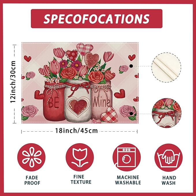 XCHI Roses Flowers Love Hearts Vase Valentine’s Day Placemats Set of 8 Table Mats for Party Home Kitchen Dining Table Decorations 12x18 Inch