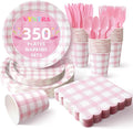 Vyntra 350 Pcs Pink Gingham Paper Plates and Napkins Set by PartyTablewareSupplies
