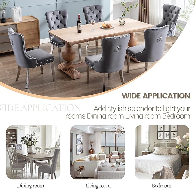 KCC Velvet Dining Chairs Set of 2, Upholstered High-end Tufted Dining Chair with Nailhead Back Ring Pull Trim Stainless Steel Legs, Contemporary Nikki Collection Modern Style for Kitchen, Dark Gray