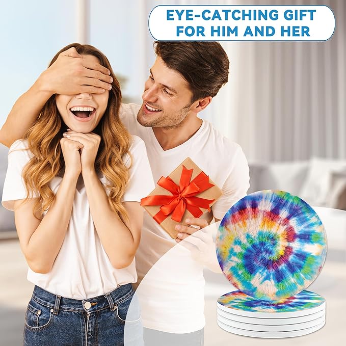 Drinks Coasters Set of 4, Rainbow Tie-Dye Round 4" Cup Coasters, Absorbent Ceramic Stone Coasters with Cork Base, Cute Coasters for Table Home Décor, Ideal Gifts for Women Men