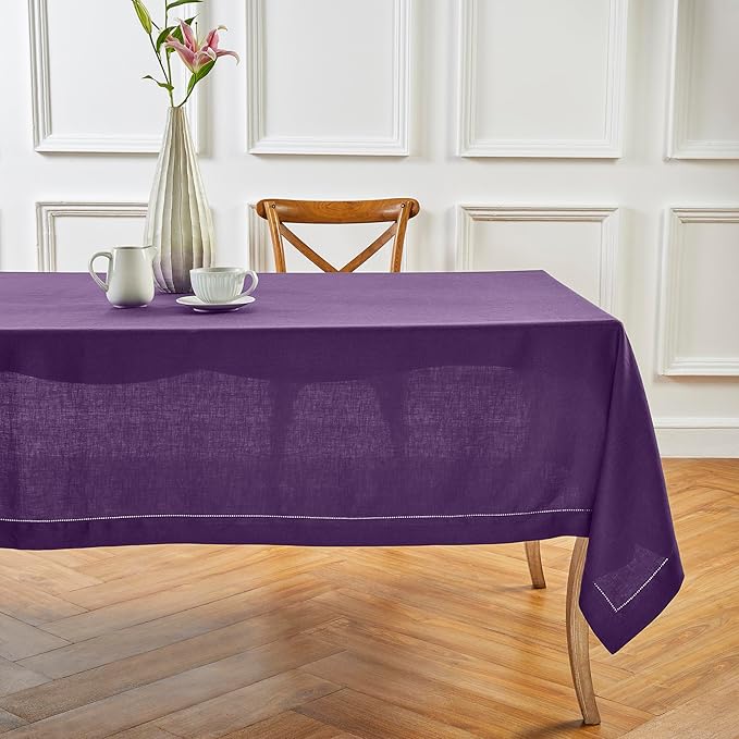 Solino Home Linen Purple Tablecloth 54 x 72 Inch - Classic Hemstitch, 100% Pure Linen Rectangular Tablecloth - Machine Washable Table Cloth for Valentines, Spring, Easter