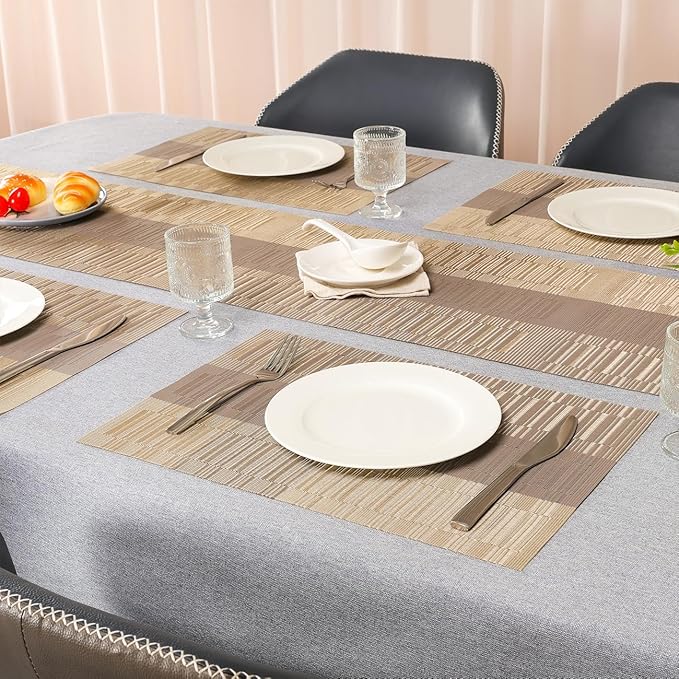 Placemats Set of 6, Vinyl Woven Place Mats Indoor Set of 6 Washable Wipeable PVC Table Mats Heat-Resistant Non Slip Plastic Placemat for Kitchen Dining Outdoor Table (Gray Gold, Set of 6)