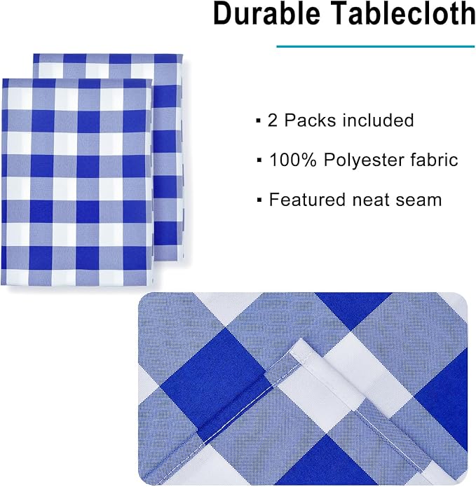 Checkered Tablecloth 2 Pack, 60 x 120 inch, Royal Blue and White | Waterproof - Image 3