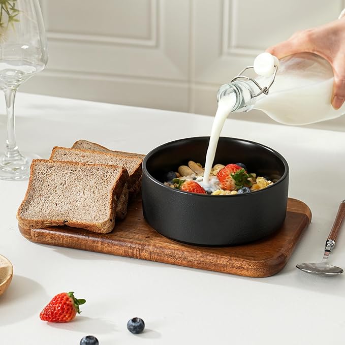 Stoneware Cereal Bowls Set of 4, 6 Inch Deep Bowl for Oatmeal, Soup, Ceramic Bowls Sets, Microwave Safe, Dishwasher Safe, Versatile for All Seasons, Matte Black
