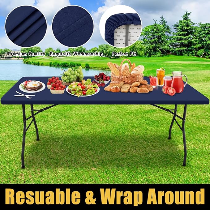 Smiry Rectangle Picnic Table Cloth, Waterproof Elastic Fitted Tablecloths for 6 Foot Tables, Washable Polyester Table Cover for Camping, Indoor and Outdoor (Navy, 30"x72")
