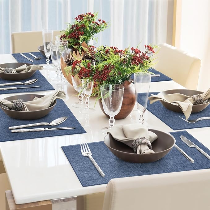 Faux Leather Placemats Set of 8 Washable PU Table mats for Kitchen Table - Heat Resistant, Waterproof, Easy Clean, Anti Slip 11.8" x 17" (Dark Blue-8 Pack)