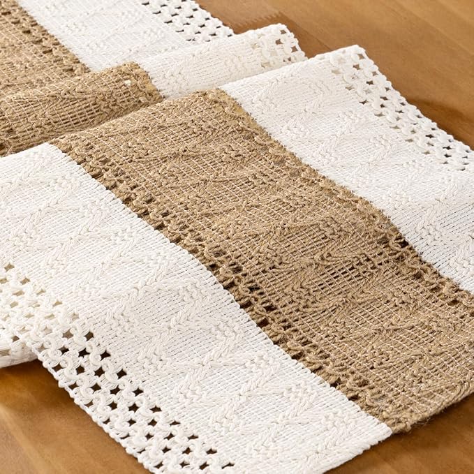 Ivory & Burlap Boho Table Runner Farmhouse Woven Table Runner 12x90 Inch | - Image 2