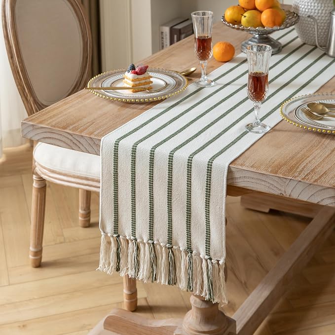 Caflife Boho Table Runner 90 Inchs Long Green and Beige, Cotton and Linen Woven - Image 2