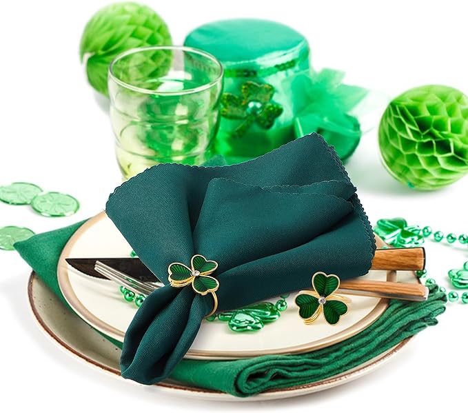 APTWOW Green St Patricks Day Shamrock Napkin Rings Set of 6 - Gold Metal Shamrock Napkin Holder, Spring Napkin Rings for St. Patrick's Day Party Wedding Table Decor