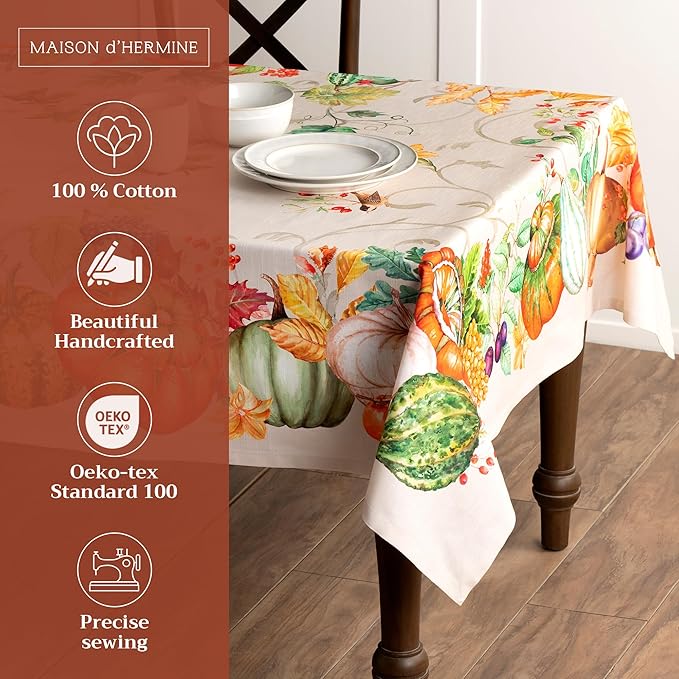 Maison d' Hermine Table Cloth Rectangle Table 100% Cotton 60 x 90 Inches Fall Tablecloth Reusable Everyday Use for Thanksgiving Christmas Decorations Dining Farmhouse Party (Lumina)