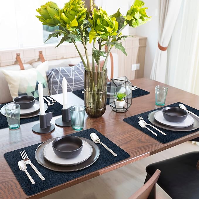 Placemats Set of 8 Washable, Heat Resistant Table Placemats Wipeable Faux Leather Place Mats Non Slip, Waterproof Square Table Mats for Indoor Outdoor, Dark Blue