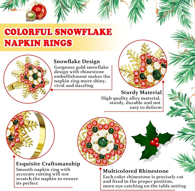 ZeeDix Christmas Colorful Snowflake Napkin Rings Set of 8, Napkins Ring for Dinning Table - Rustic Dinner Tables Decoration for Wedding Receptions Christmas Thanksgiving Holiday Party Dinner Parties