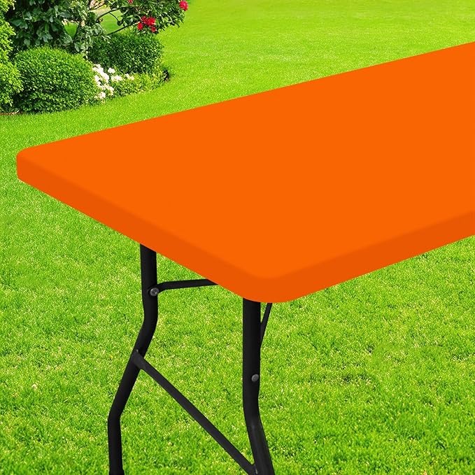 Smiry Rectangle Picnic Table Cloth, Waterproof Elastic Fitted Tablecloths for 6 Foot Tables, Washable Polyester Table Cover for Camping, Indoor and Outdoor (Orange, 30"x72")