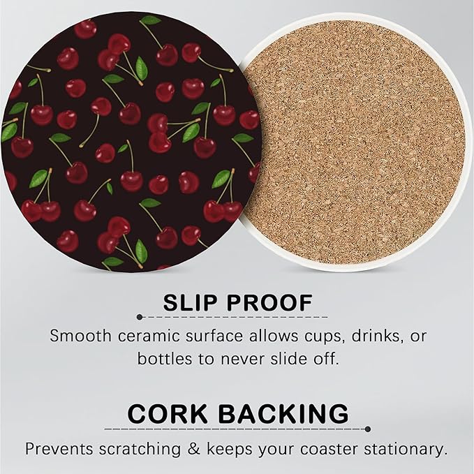 Summer Fruits Set of 6 Coasters for Drinks Absorbing Round Ceramic Stone Coaster with Cork Base,Tabletop Protection Mat for Mugs and Cups,Office,Kitchen