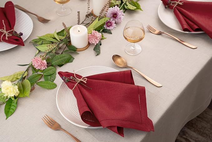D'Moksha Homes Red Linen Napkins Set of 4 - Classic Hemstitch 100% Pure Linen Hemstitch Dinner Napkins 20 x 20 Inch for Valentines, Spring - Handcrafted and Machine Washable