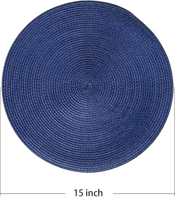 AHHFSMEI Round Braided Placemats 15 Inch Round Table Mats for Dining Tables Natural Woven Heat Resistant Place mats Set of 6 (Navy Blue)