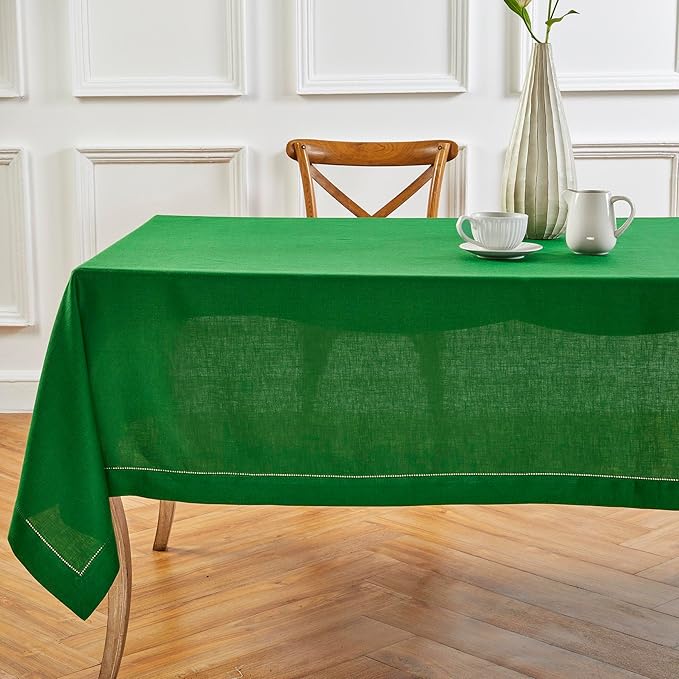 Solino Home Garden Green Linen Tablecloth 60 x 132 Inch - 100% Pure Linen Hemstitch Table Cloth for Rectangle Tables - Classic Hemstitch, Washable Tablecloth for Winter, St Patricks Day, Easter