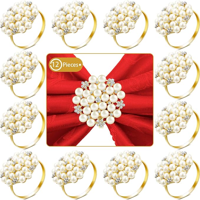 Hotop 100 Pcs Gold Napkin Rings Pearls and Flower Napkin Buckles Rhinestone by HOTOP