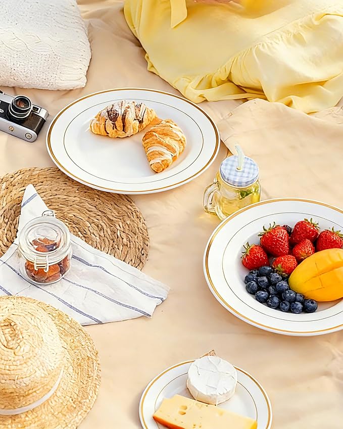 Quatish 120 Pcs Gold Rim Disposable Plastic Plates for Party,Wedding Plate Includes 60 Pes 10.25 Inch 60 Pes 7.5 Inch Heavy Duty Dinner & Dessert Plates, Perfect for Festivals,Picnics,in White