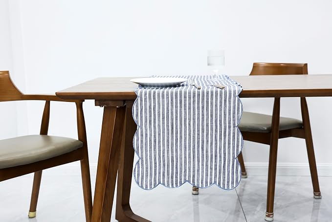 100% Natural Linen Rustic Scalloped Embroidery Table Runner 108 Inches Long by AORISSI