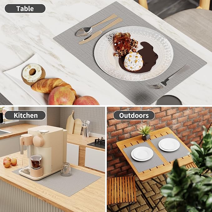 Cloth Placemats, Set of 4 Heat-Resistant Cotton Linen Blend Double Layered Machine Washable Place Mats, Wrinkle Free Thick Fabric Dining Table Mats for Indoors & Outdoors (Light Grey, 4)