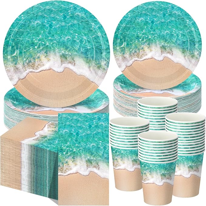 Funnymoom 250 Pcs Beach Party Decoration Ocean Waves Paper Plates Napkins and by Funnymoom