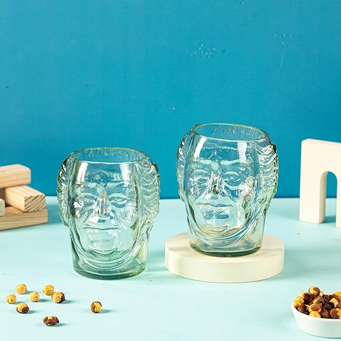Upcycled Face Glasses for Drinks - Set of 2 | Eco-friendly Glassware handcrafted from Rum bottles | Ideal for Beer, Rum, Whiskey, Juices, Smoothies, Cocktails | Great for Gifting