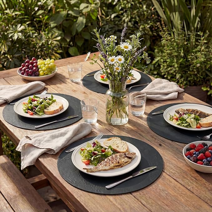 Artoid Mode Black Faux Leather Placemats Set of 4, 15 Inch Waterproof Wipeable Heat Resistant Vinyl Place Mats, Reversible Table Mats for Kitchen Dining Decor
