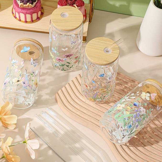 Mumufy 4 Pack Wildflower Glass Cups Gift Aesthetic Cute Glass Cup Tumbler - Image 5