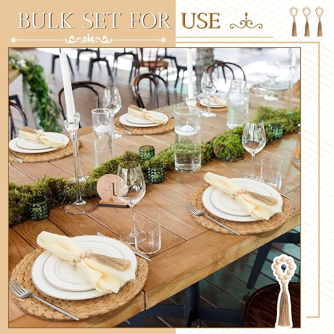 Gejoy 36 Pcs Boho Woven Placemats Wood Bead Napkin Rings - Image 3