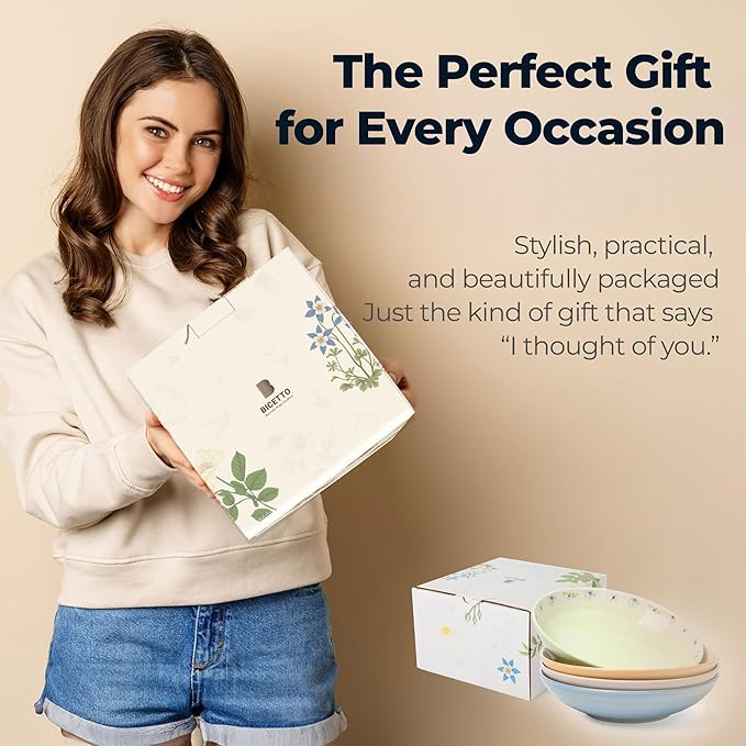 Handmade 8.4'' Ceramic Large Pasta Bowls Set of 4 – 35oz Floral Salad Bowls for Pasta, Soup, Noodles, Salad & Dinner – Microwave, Dishwasher & Oven Safe – Spring Blossom