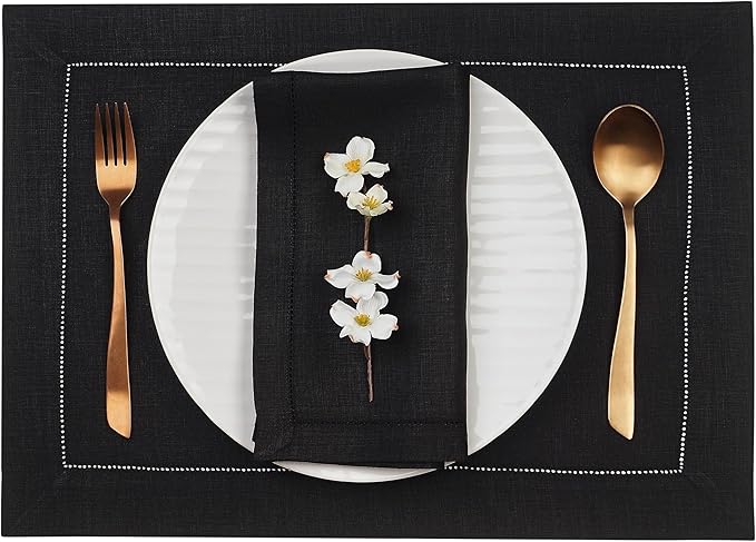 D'Moksha Homes Linen Placemats Set of 4 - Classic Hemstitch Black Placemats 14 x 19 Inch - 100% Pure Linen Table Mats for Spring, Easter - Handcrafted and Machine Washable