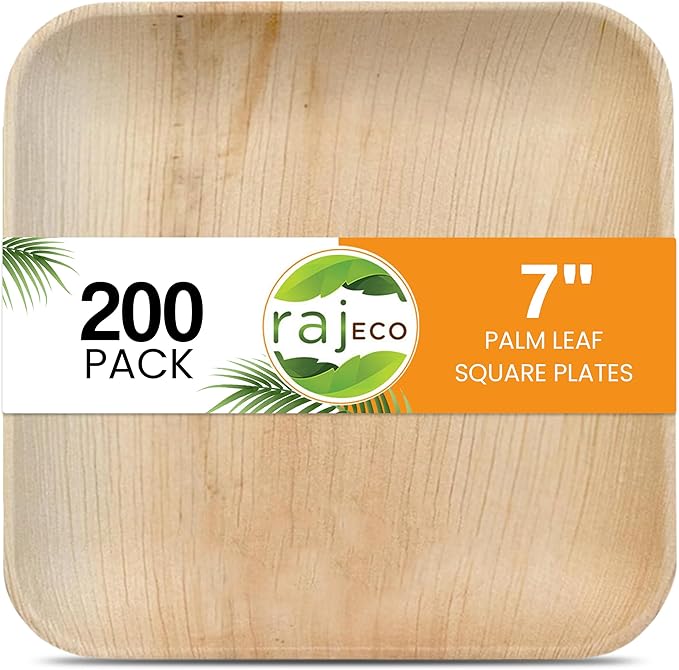 Raj Palm Leaf Plates [200-Pack] 7" Square Plates like Bamboo plates Disposable, Strong, Decorative Compostable Tableware for wedding, Lunch, Dinner, Birthday, Camping, Outdoor BBQ, Picnic