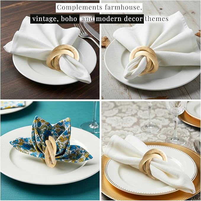 Farmhouse Napkin Ring Set of 12 - Wooden Napkin Holders for Dining Table, Everyday Use, Thanksgiving, Holiday, Christmas, Festive, Party, Gift, Décor (Shades of Brown) - CLEENTABLE