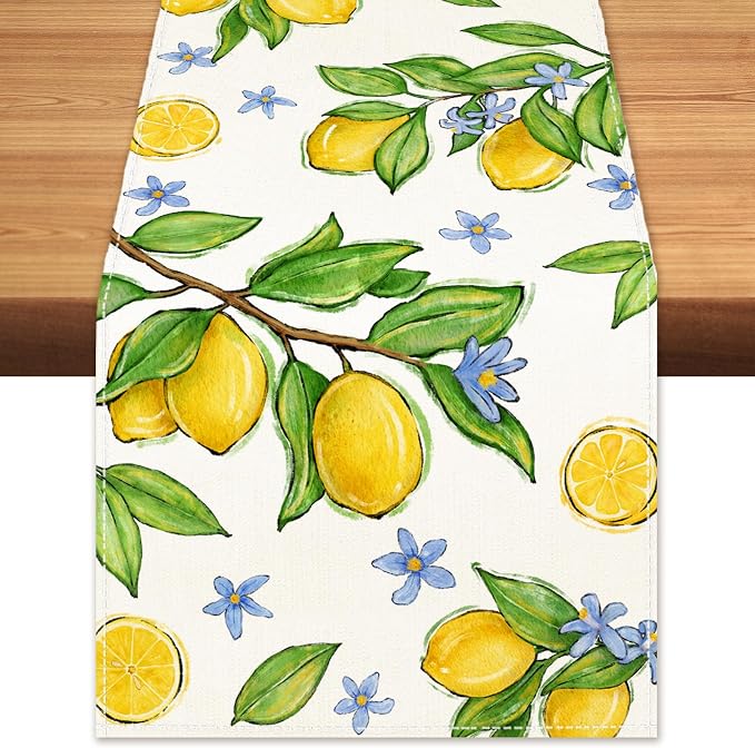 Summer Amalfi Coast Lemon Fruit Table Runner, Seasonal Green Leaves Burlap by BEAUTYROMANCEFORYOURLIFE