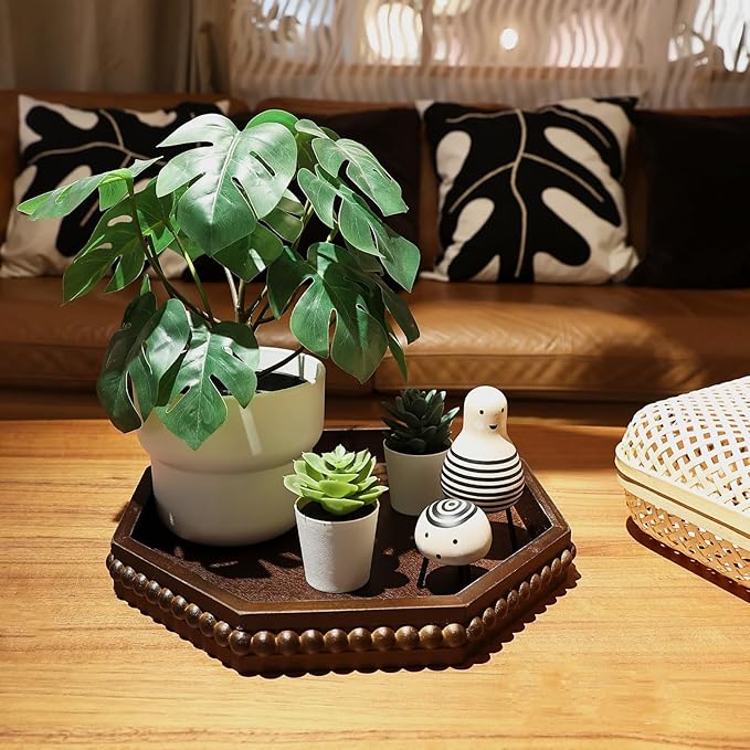 Retro Brown Octagonal Wood Decorative Tray, Small Farmhouse Wooden Serving Tray with Beads, Versatile Coffee Table Tray for Kitchen Counter, Ottoman, Living Room