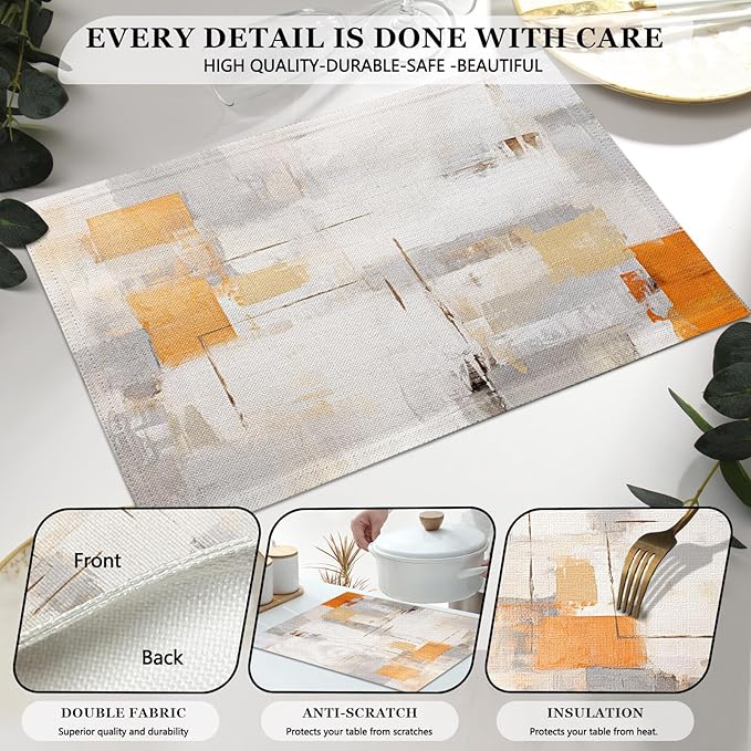 Mcalk Orange Table Runner and Placemats Set of 6, Abstract Grey Placemats, Modern Cloth Place Mats Indoor for Kitchen,Washable Linen Material for Dining Table