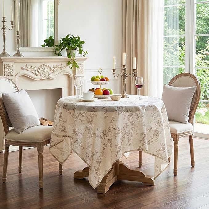 jinchan Taupe Farmhouse Floral Linen Square Table Cloth 52 x 52 Inch | Timeless by JINCHAN