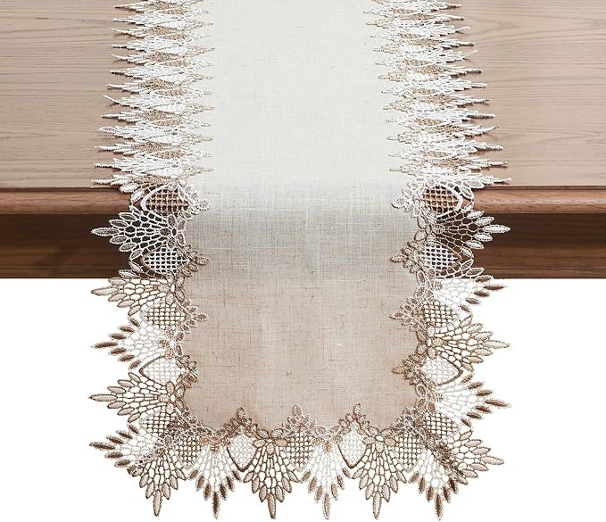 Natural Linen Table Runner 54 inches Beige Lace Coffee Table Runners | French by Raedan