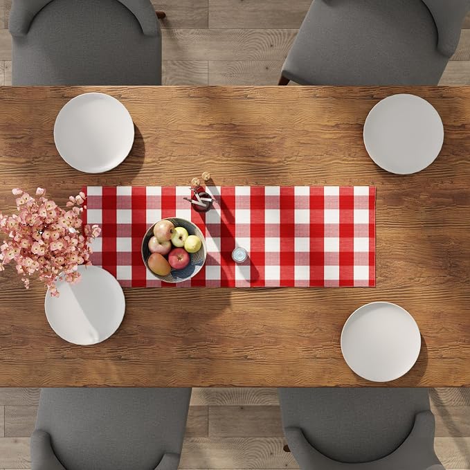 Encasa XO Table Runner, Woven Cotton Dining Runner 13"x36" | Buffalo Red Checks - Image 4