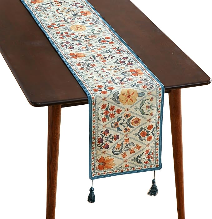 Designer French Linen Table Runner, Colorful Floral Pattern, Dining Table by Isaennehomedecoration