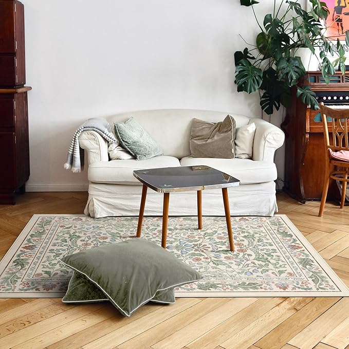 3x5 Washable Area Rug Floral Beige Entryway Small Rug Vintage Forest Low Pile Non Slip Stain Resistance Soft Carpet for Kitchen, Bedroom Beside, Laundry Room, Office Rug, Kids Room, Nursery Room