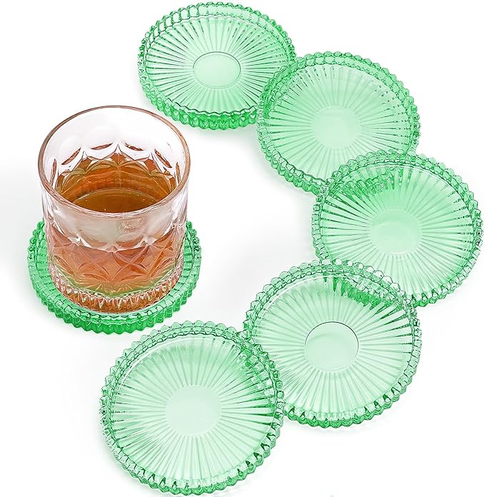 Modern Glass Coasters, GOH DODD Set of 6 Crystal Coasters Tabletop Protection for Drinks, Home Decor, Kitchen, Living Room, Patio, Wedding, Party, Housewarming Gifts, Clear Green