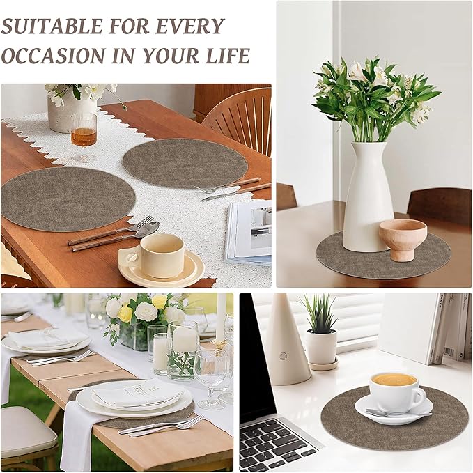 13" Round Placemats Set of 6, Reversible Faux Leather Heat Resistant Table Mats, Waterproof Oilproof Wipeable Table Protective Placemats for Vinyl, Washable for Indoor & Outdoor Use (6, Dark Coffee)