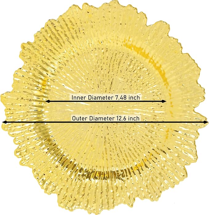 LOYALHEARTDY 24 Pack 13 Inch Gold Charger Plates, Plastic Reef Textured Rim Round Decorative Underplates for Wedding, Party, Dinner Table