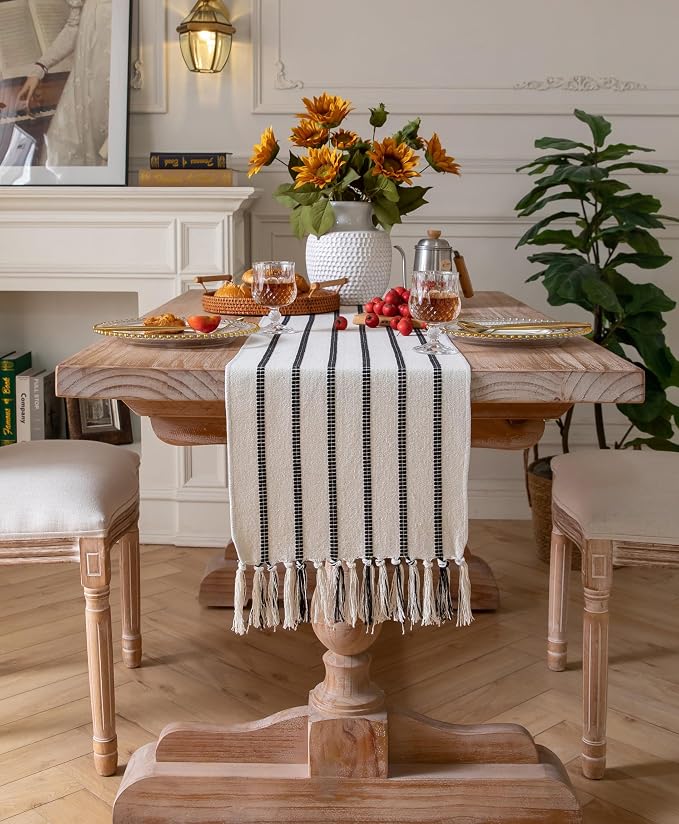 Caflife Boho Table Runner 60 Inchs Long Black and Beige, Cotton and Linen Woven - Image 6