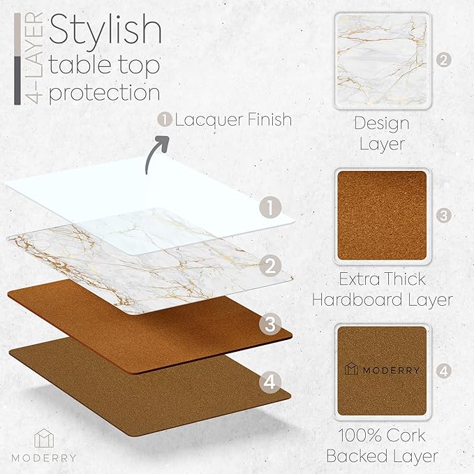 Set of 4 Heat Resistant Cork Placemats for Dining Table with Free Set of 4 Matching Drink Coasters Marble Design 16 x 12 Inches Cork Backed Hard Placemats (Foiled Gold)