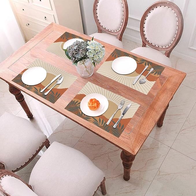 Mid Century Boho Sunset Placemats Vintage Farmhouse Abstract Plant Mountain Sunset Washable Place Mats 12x18Inch for Dining Kitchen Farmhouse Decor 6 PCS