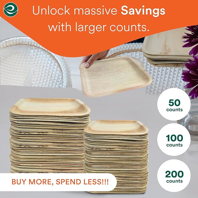 ECO SOUL Palm Leaf Square Plates 7" & 10" (50 Count) Compostable|Biodegradable| Eco-Friendly Disposable Party Plates for Appetizers - Dinner Parties, Wedding, Events & Camping Essentials