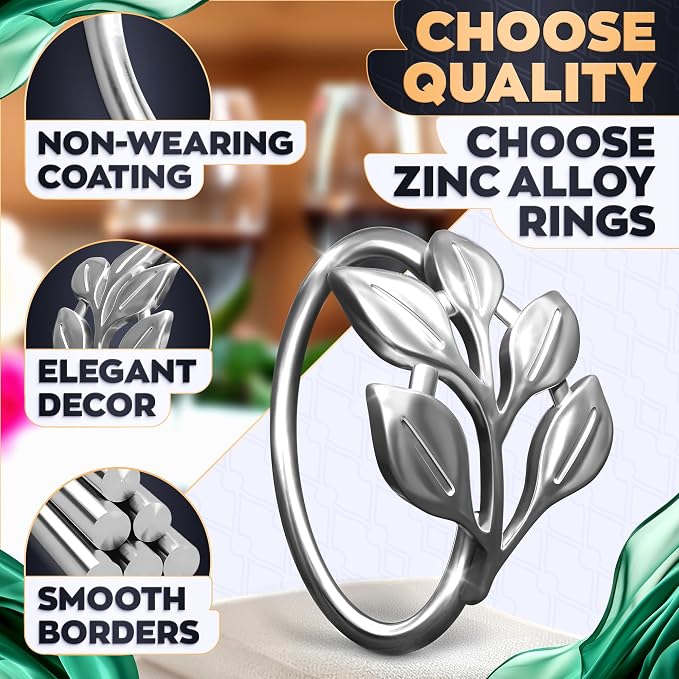 Silver Napkin Rings Set of 20, Decorative Leaf Design Metal Holders | Elegant - Image 3